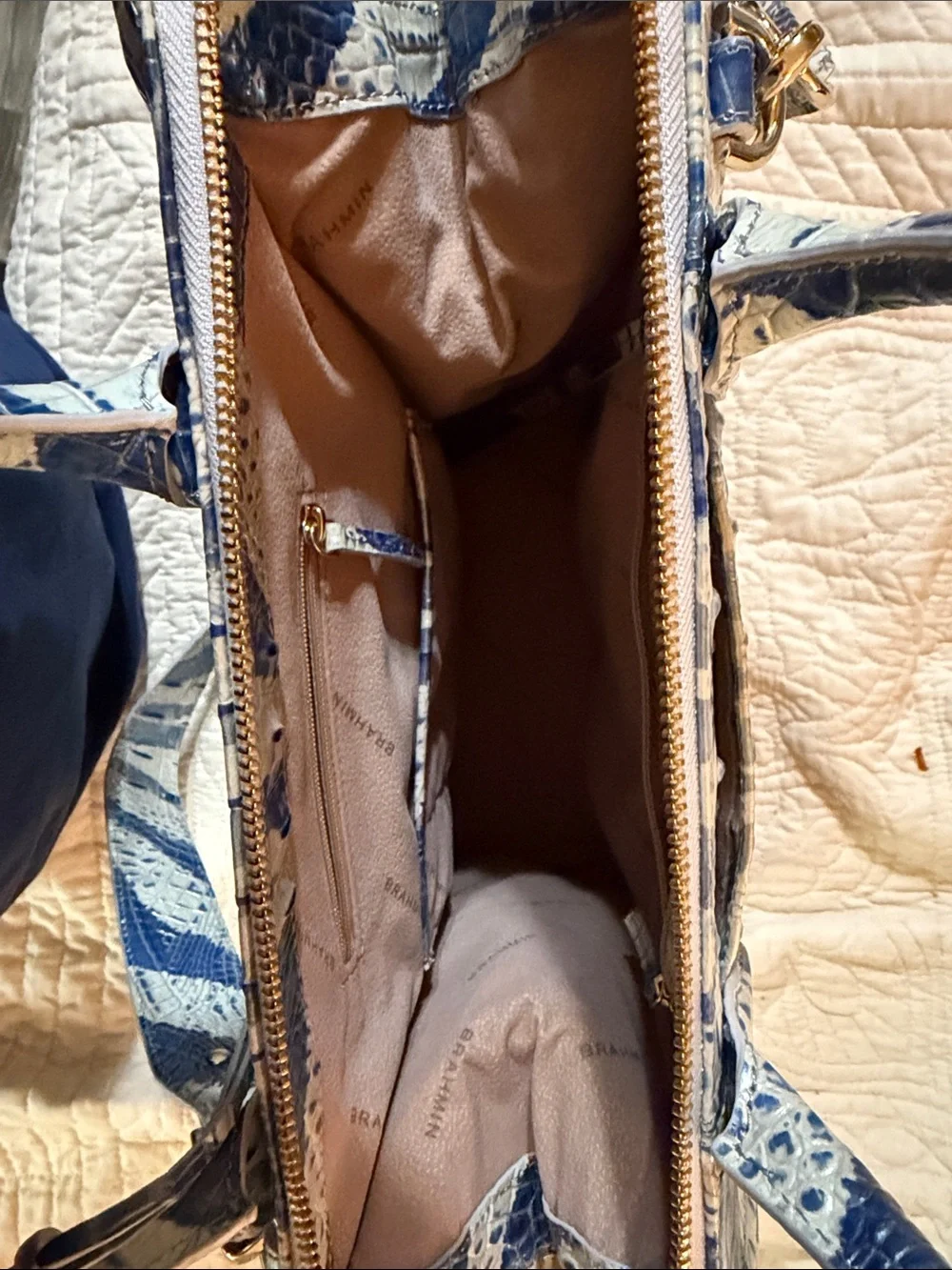 Brahmin Caroline Dazzle Melbourne Blue and White Croc-Embossed Satchel